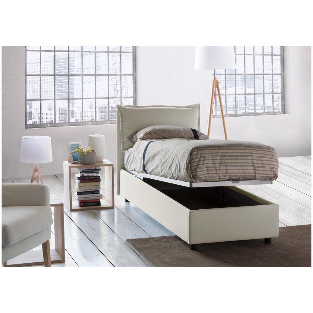 Letto Singolo Carolina, Letto Contenitore Con Rivestimento In Tessuto, 100% Made In Italy, Apertura Frontale, Con Materasso Cm 80x190 Incluso, Beige - Foto 1