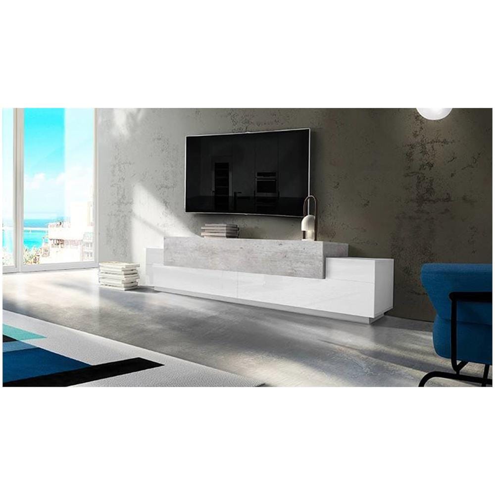 Mobile Porta Tv Nico, Credenza Bassa Da Soggiorno, Base Porta Tv, 100% Made In Italy, Cm 240x45h52, Bianco Lucido E Cemento - Foto 1