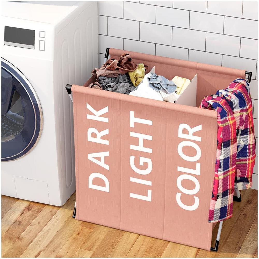 Cesto Biancheria 3 Scomparti Portabiancheria Pieghevole Metallo e Tessuto Taupe - Foto 1