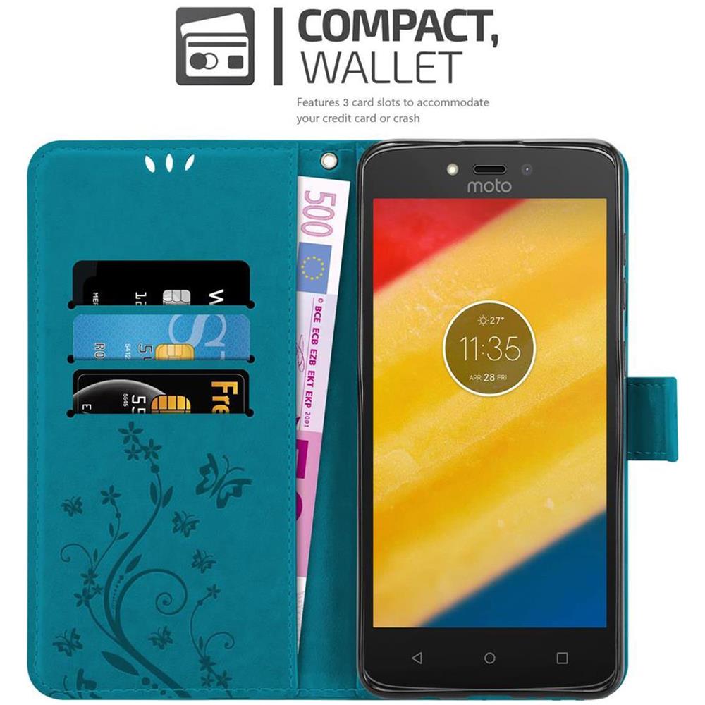Custodia Compatibile Con Motorola Moto C Plus In Blu Fiore - Coperchio Protettivo In Design Floreale Con Chiusura Magnetica, Funzione Stand E Slot Per Carte - Foto 2
