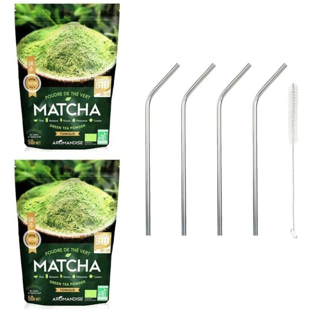 Tè Verde Matcha Biologico In Polvere 100 G + 4 Cannucce In Acciaio Inossidabile - Foto 1