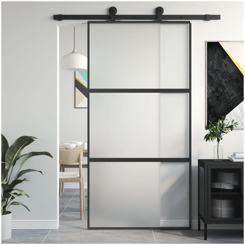 Porta Scorrevole Nera 102,5x205 Cm Vetro Temperato E Alluminio - Foto 1