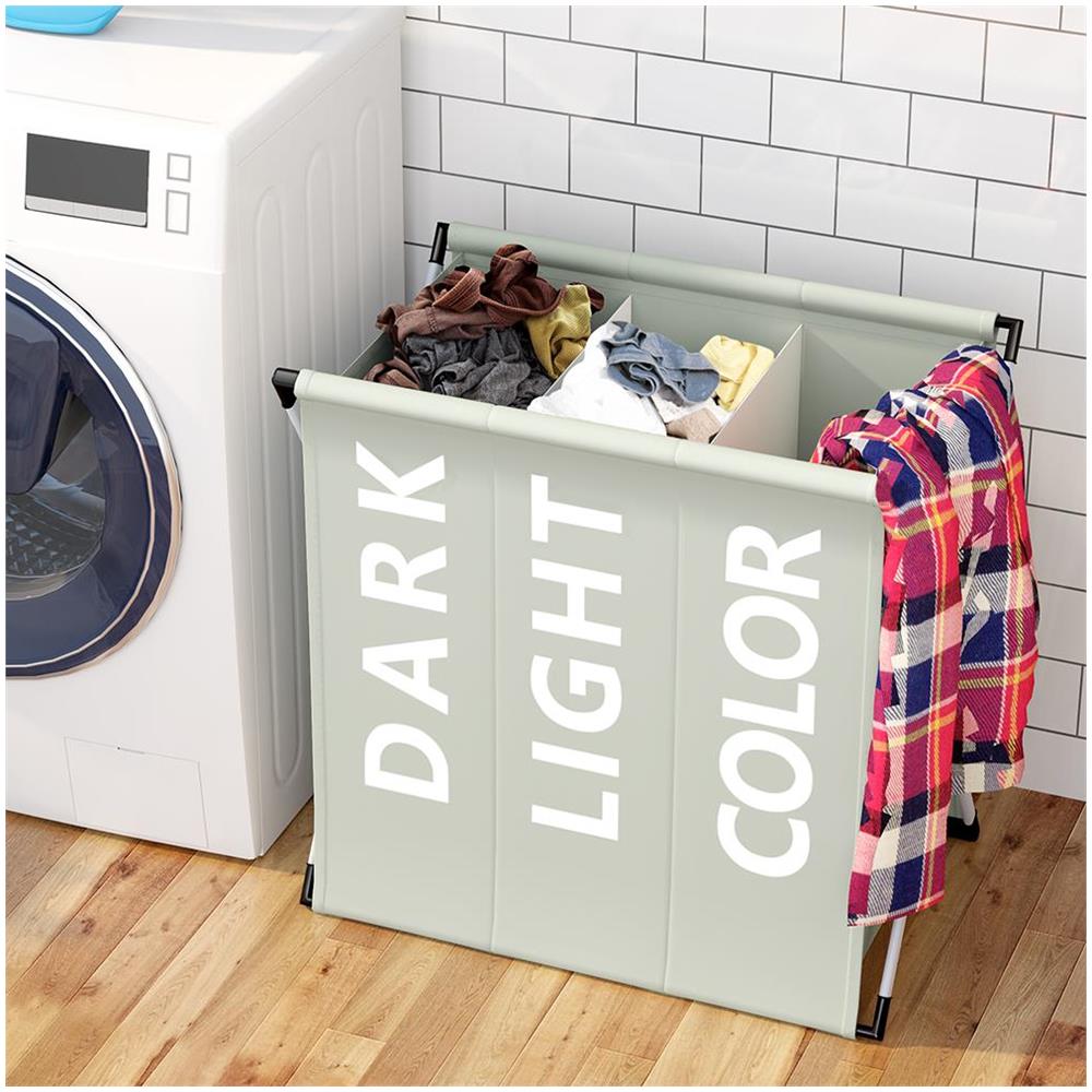 Cesto Biancheria 3 Scomparti Portabiancheria Pieghevole Metallo e Tessuto Grigio - Foto 1