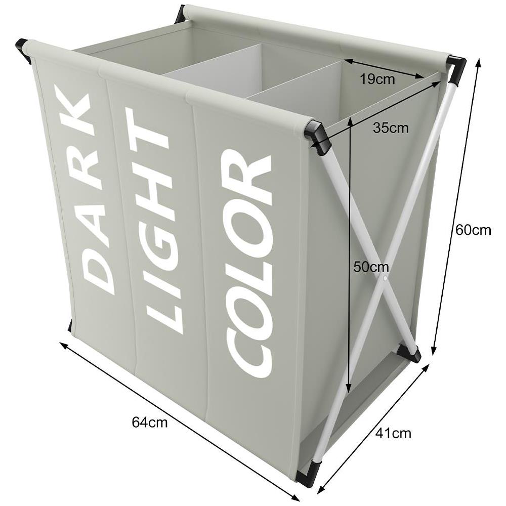 Cesto Biancheria 3 Scomparti Portabiancheria Pieghevole Metallo e Tessuto Grigio - Foto 4