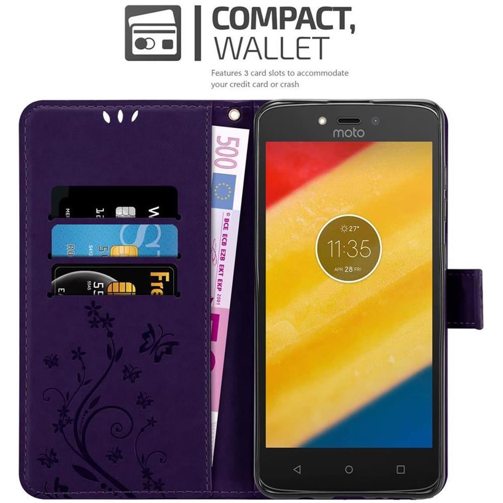 Custodia Compatibile Con Motorola Moto C Plus In Lilla Scuro Fiore - Coperchio Protettivo In Design Floreale Con Chiusura Magnetica, Funzione Stand E Slot Per Carte - Foto 2