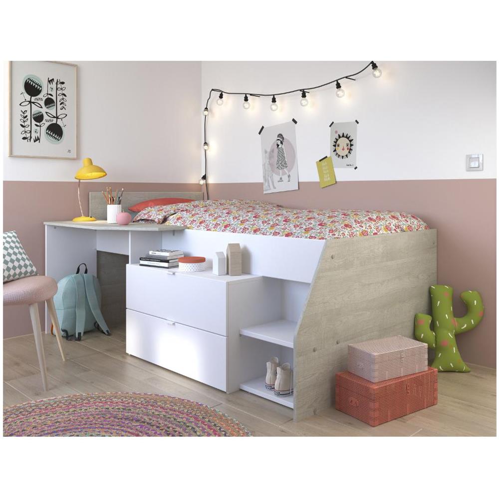 Letto Singolo Con Scrivania Integrata E Vani Portaoggetti Inclusi 90 X 200 Cm Bianco E Naturale - Gisele - Foto 1