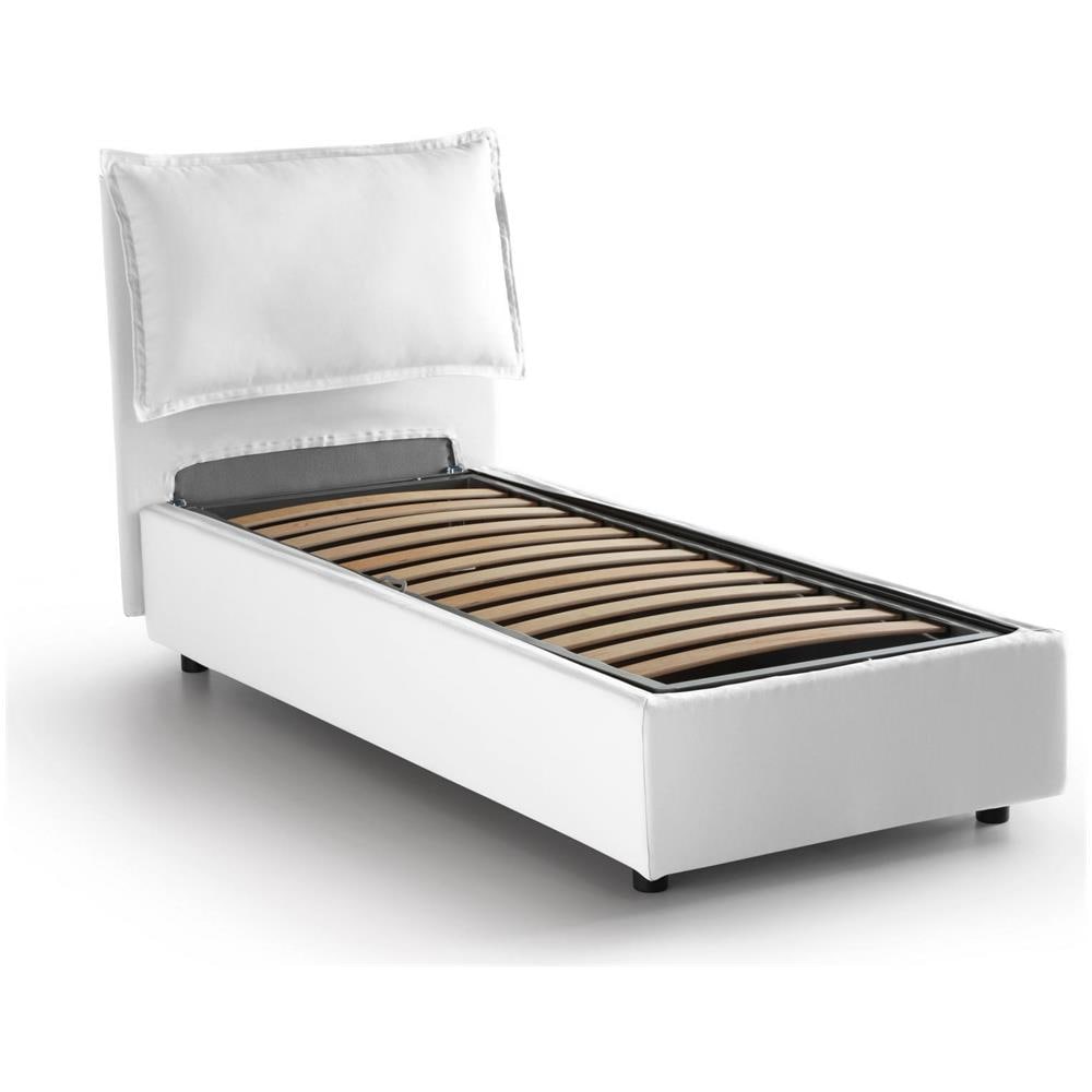 Letto Singolo Carolina, Letto Contenitore Con Rivestimento In Tessuto, 100% Made In Italy, Apertura Frontale, Con Materasso Cm 80x190 Incluso, Bianco - Foto 4