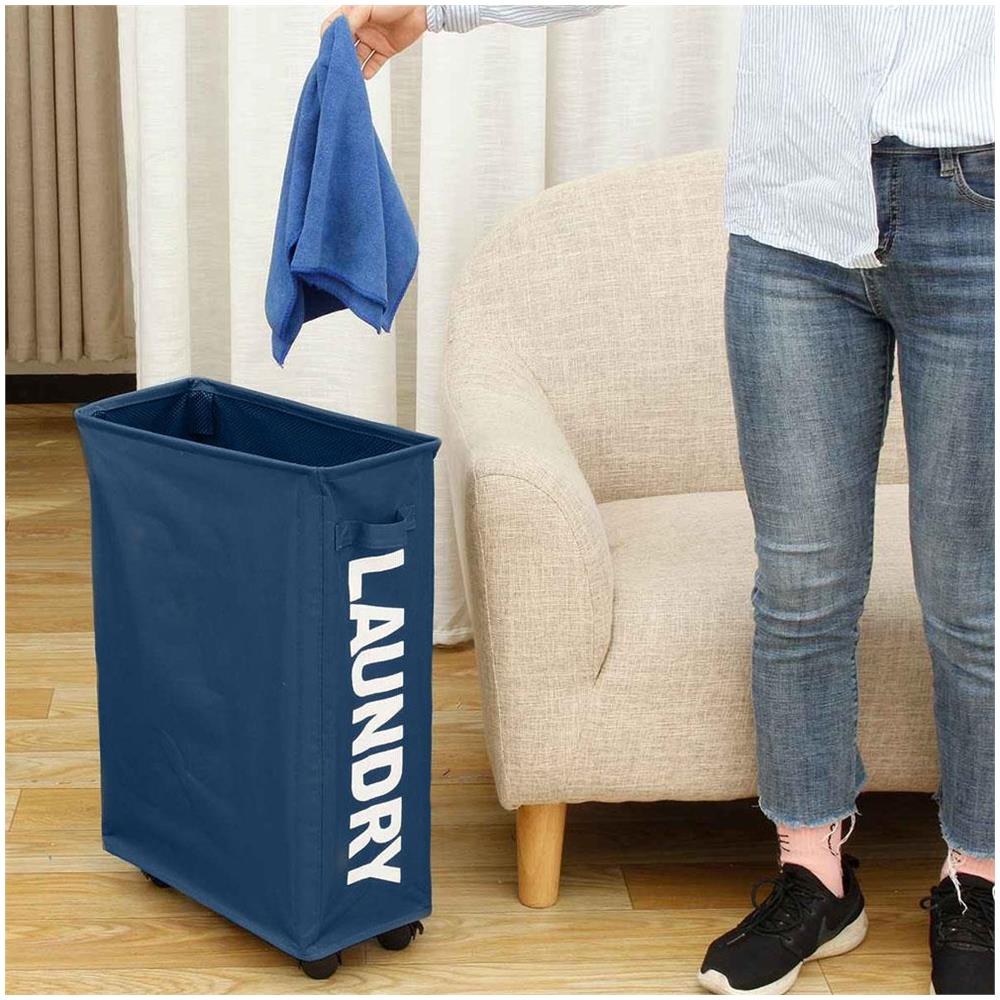 Cesto Biancheria Sporca Pieghevole in Tessuto Portabiancheria con Ruote Blu - Foto 4