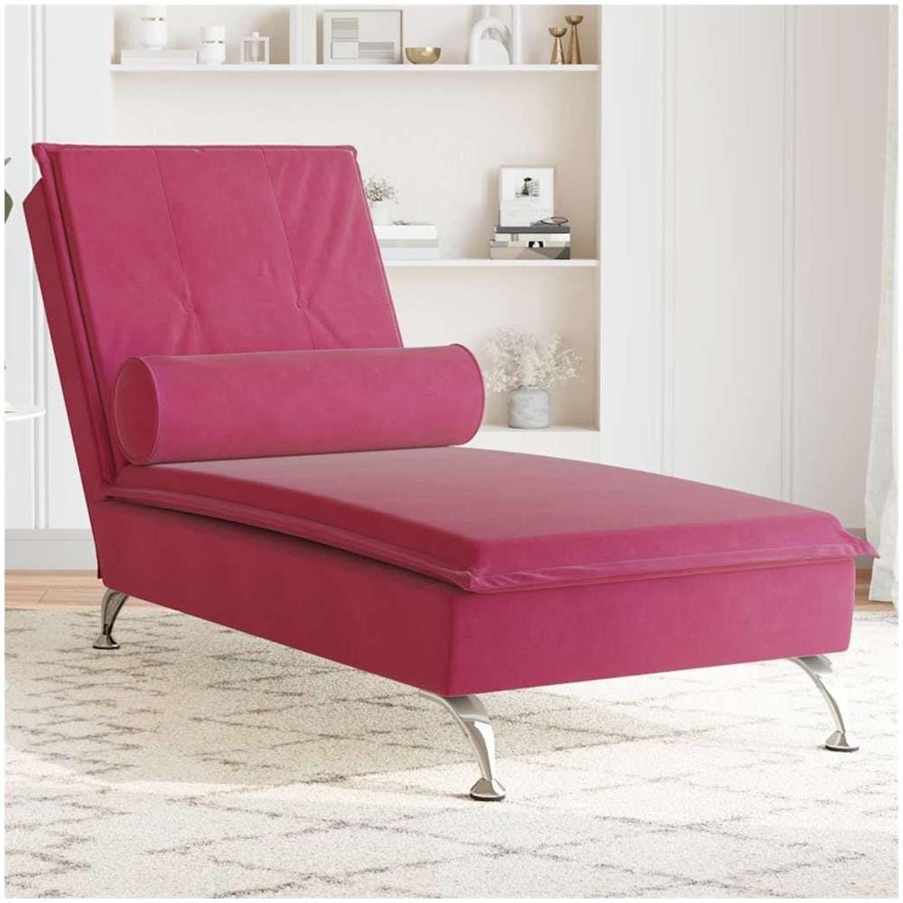 Chaise Longue Massaggi con Cuscino a Rullo Rosso Vino Velluto - Foto 2
