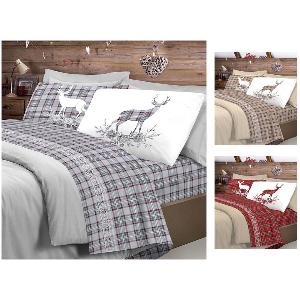 Completo Lenzuola Flanella Pensieri Delicati 100% Cotone Disegno Cervo Tartan Piazza E Mezza Beige - Foto 7