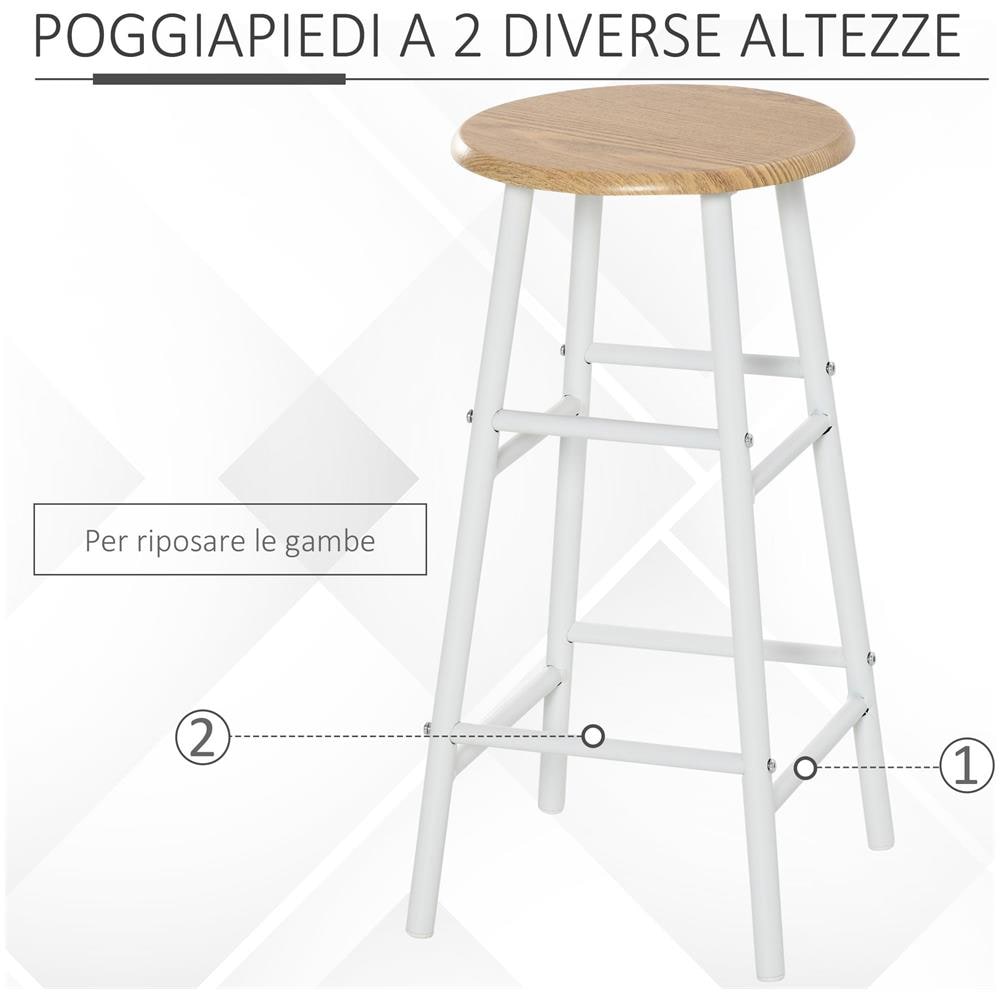 Set Bancone Bar e 2 Sgabelli Alti in Legno Stile Nordico con Mensola e Poggiapiedi, Bianco - Foto 6