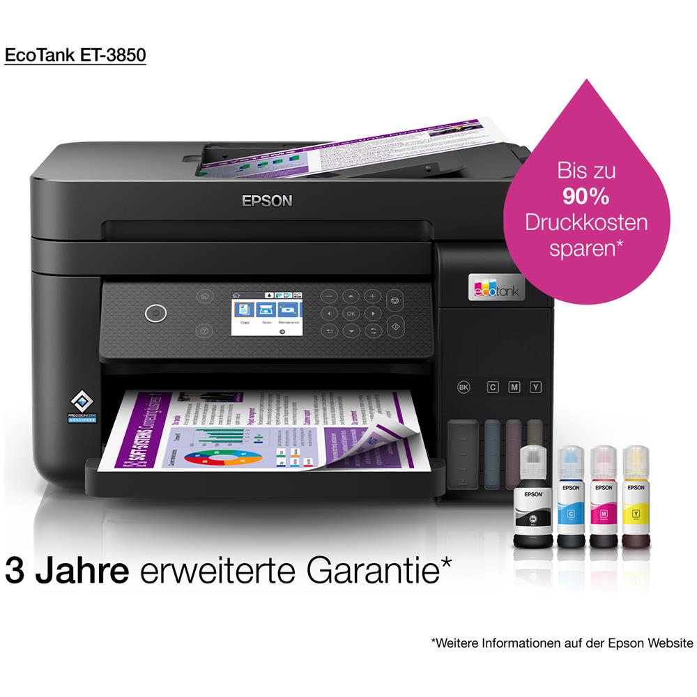 Stampante Multifunzione EcoTank ET-3850 Inkjet a Colori Stampa Copia Scansione A4 33 ppm (B / N) 20 ppm (a Colori) Wi-Fi / Ethernet / USB - Foto 10