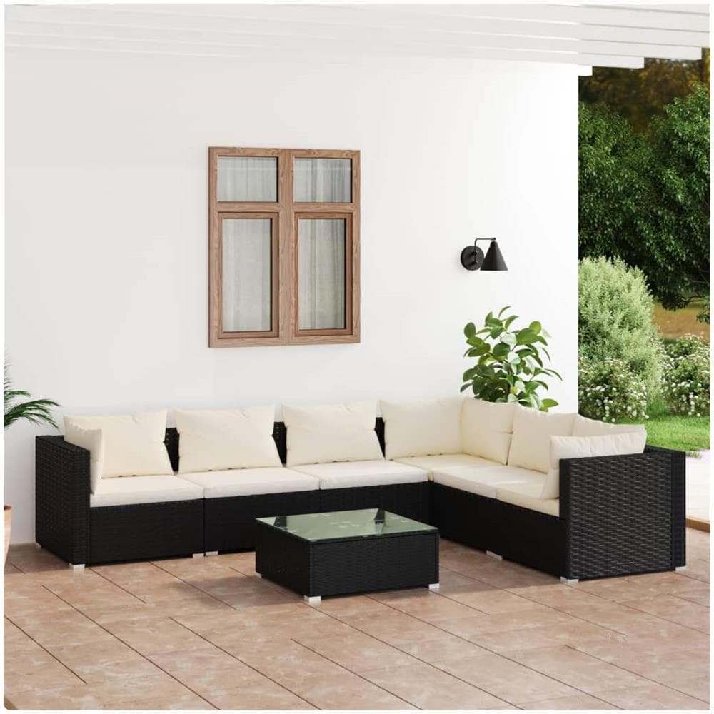 Set Salotto Da Giardino 7 Pz Con Cuscini In Polyrattan Nero - Foto 1