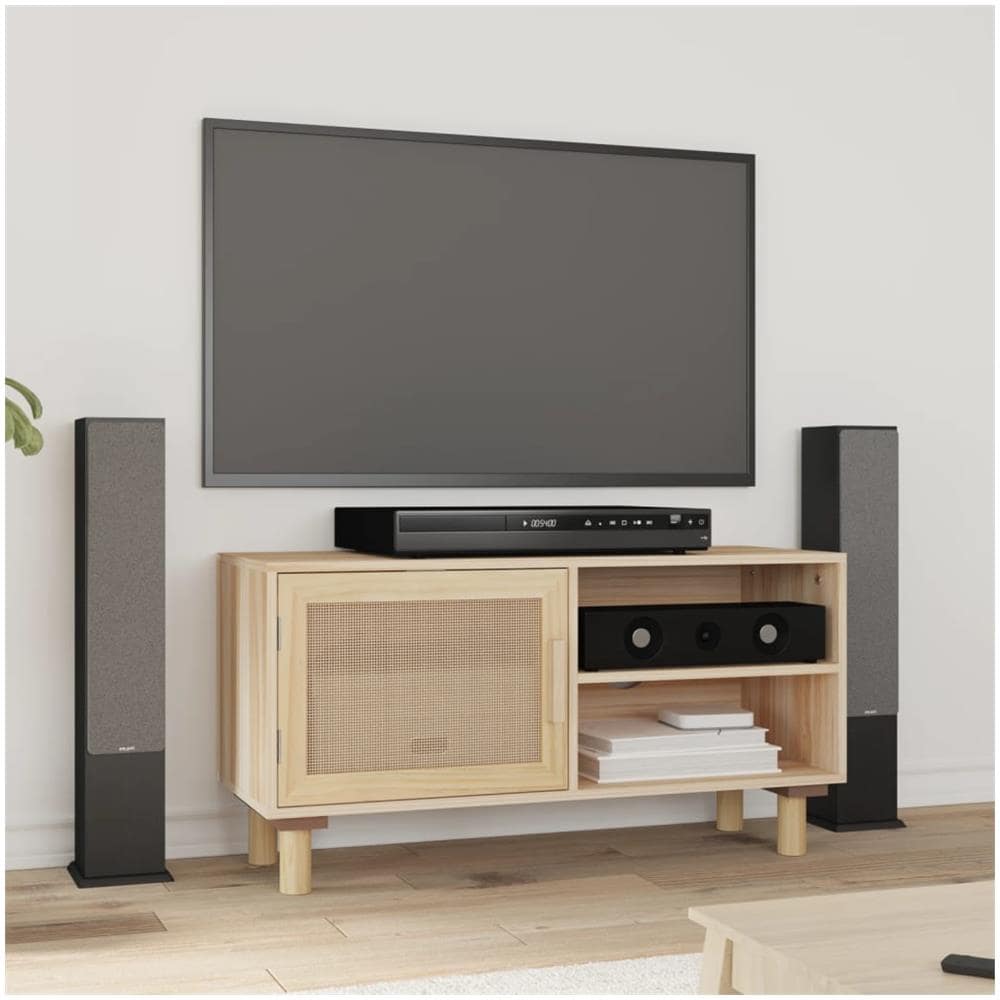 Mobile Tv Marrone 80x30x40 Cm Massello Pino E Rattan Naturale - Foto 1