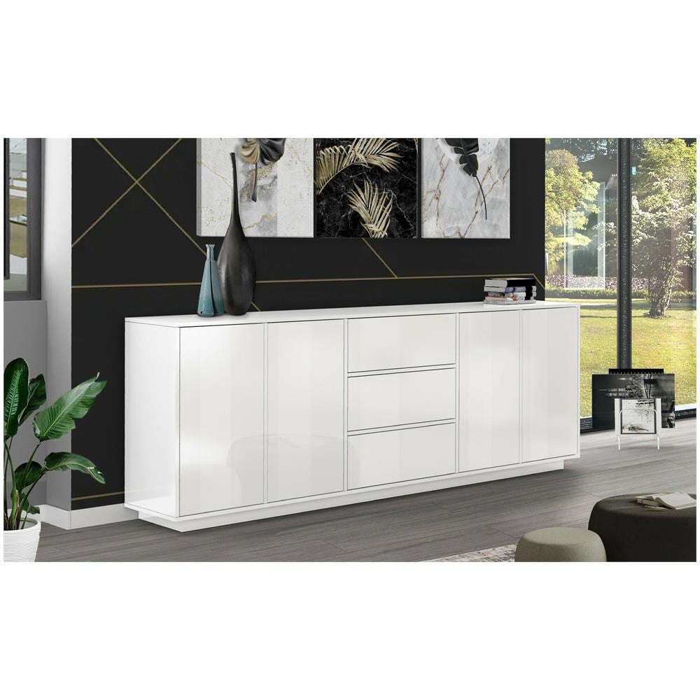 Credenza Vito, Madia Da Cucina A 4 Ante E 3 Cassetti, Buffet Da Soggiorno, 100% Made In Italy, Cm 220x41h86, Bianco Lucido - Foto 1
