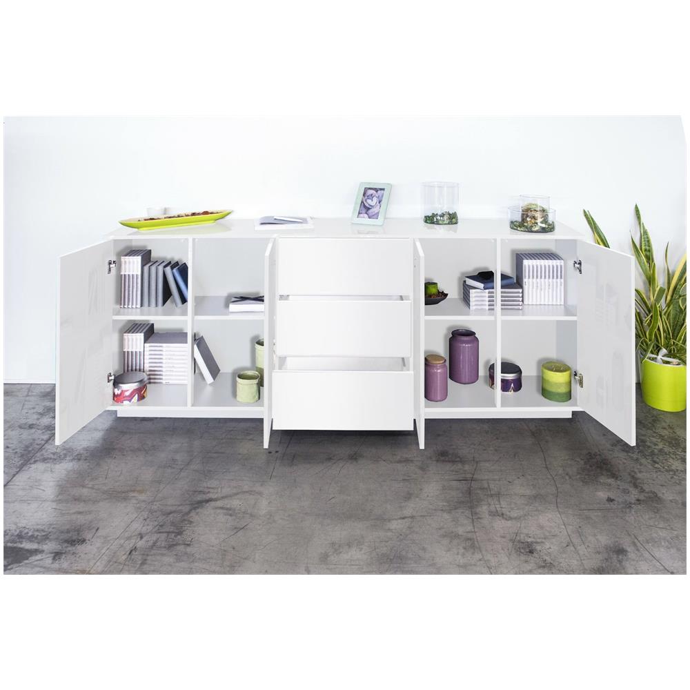 Credenza Vito, Madia Da Cucina A 4 Ante E 3 Cassetti, Buffet Da Soggiorno, 100% Made In Italy, Cm 220x41h86, Bianco Lucido - Foto 4