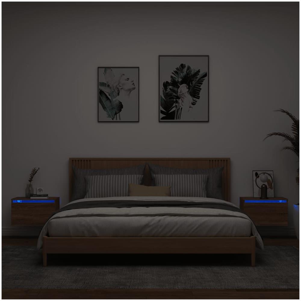 Comodini A Parete Con Luci Led 2 Pz Rovere Marrone - Foto 1