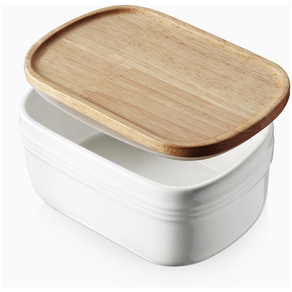 Portaburro Ceramica Extra Large con Coperchio Legno, Ermetico per Frigo o Piano, Freezer Safe, Azzurro - Foto 1