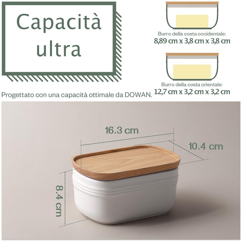 Portaburro Ceramica Extra Large con Coperchio Legno, Ermetico per Frigo o Piano, Freezer Safe, Azzurro - Foto 2