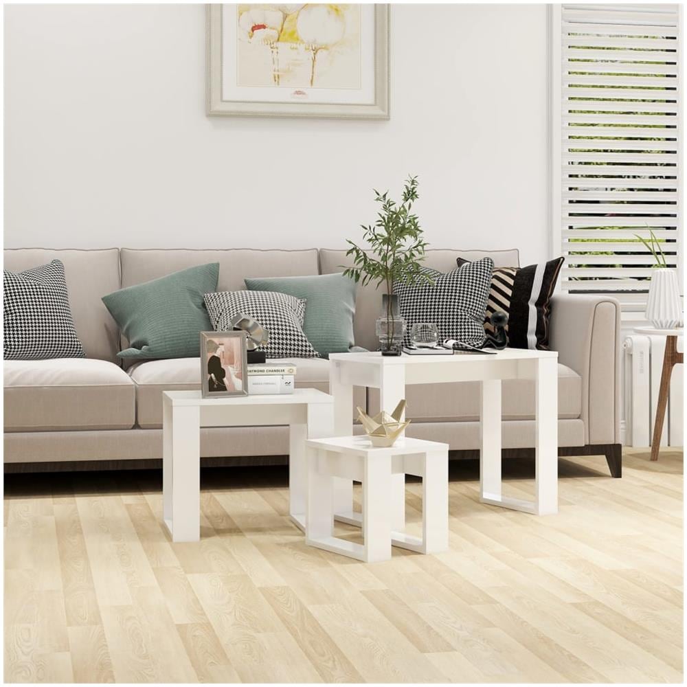 Tavolini Impilabili 3 pz Bianco Lucido in Legno Multistrato - Foto 1