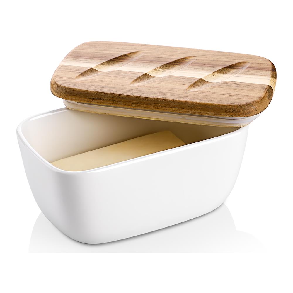 Portaburro Ceramica Extra Large con Coperchio Legno, Ermetico per Frigo o Piano, Freezer Safe, Bianco - Foto 1