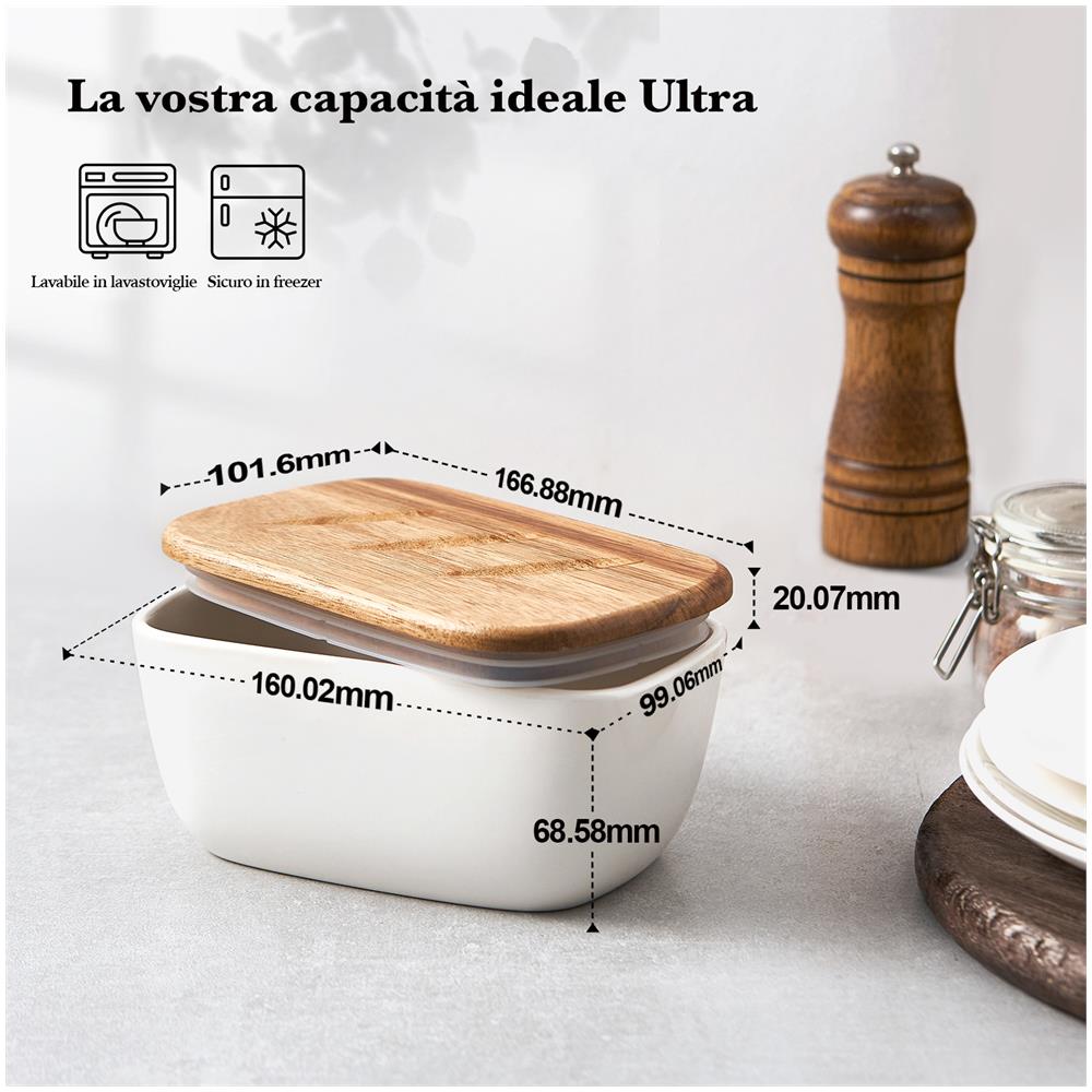 Portaburro Ceramica Extra Large con Coperchio Legno, Ermetico per Frigo o Piano, Freezer Safe, Bianco - Foto 2