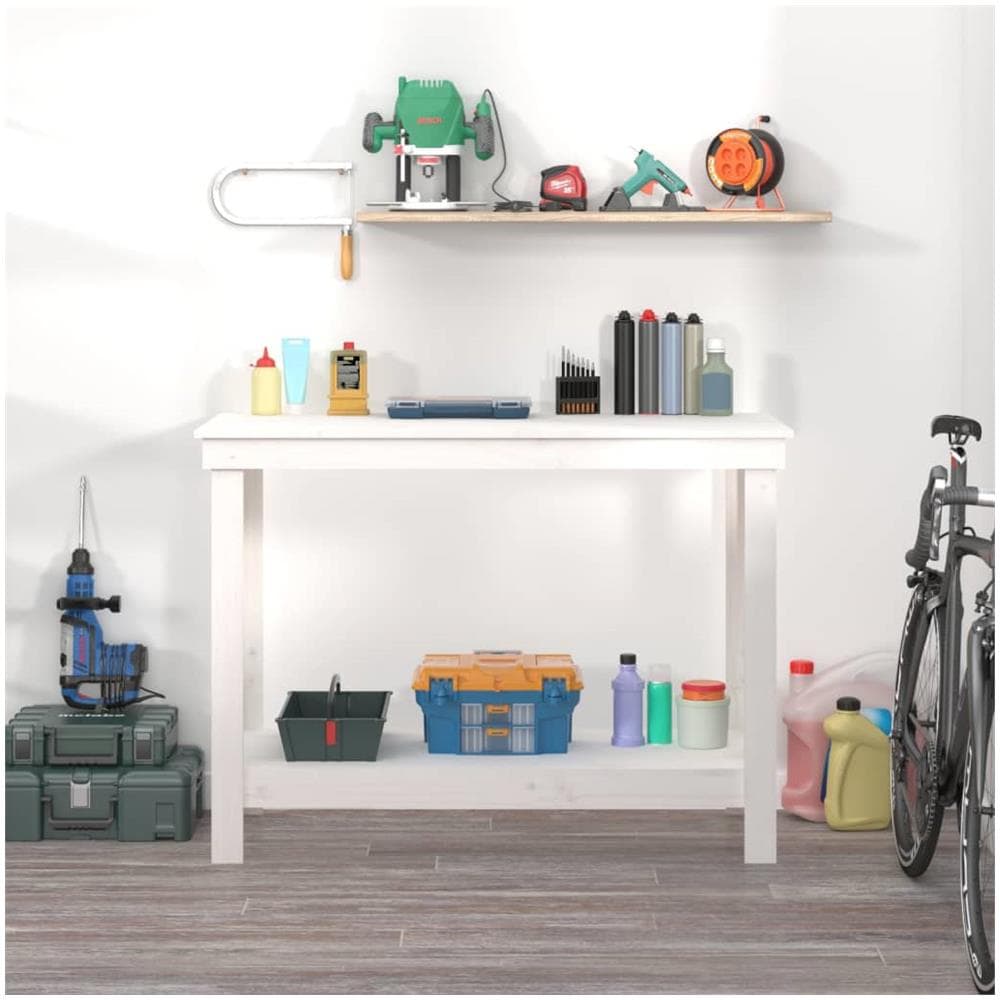 Banco Da Lavoro Bianco 110x50x80 Cm In Legno Massello Di Pino - Foto 3