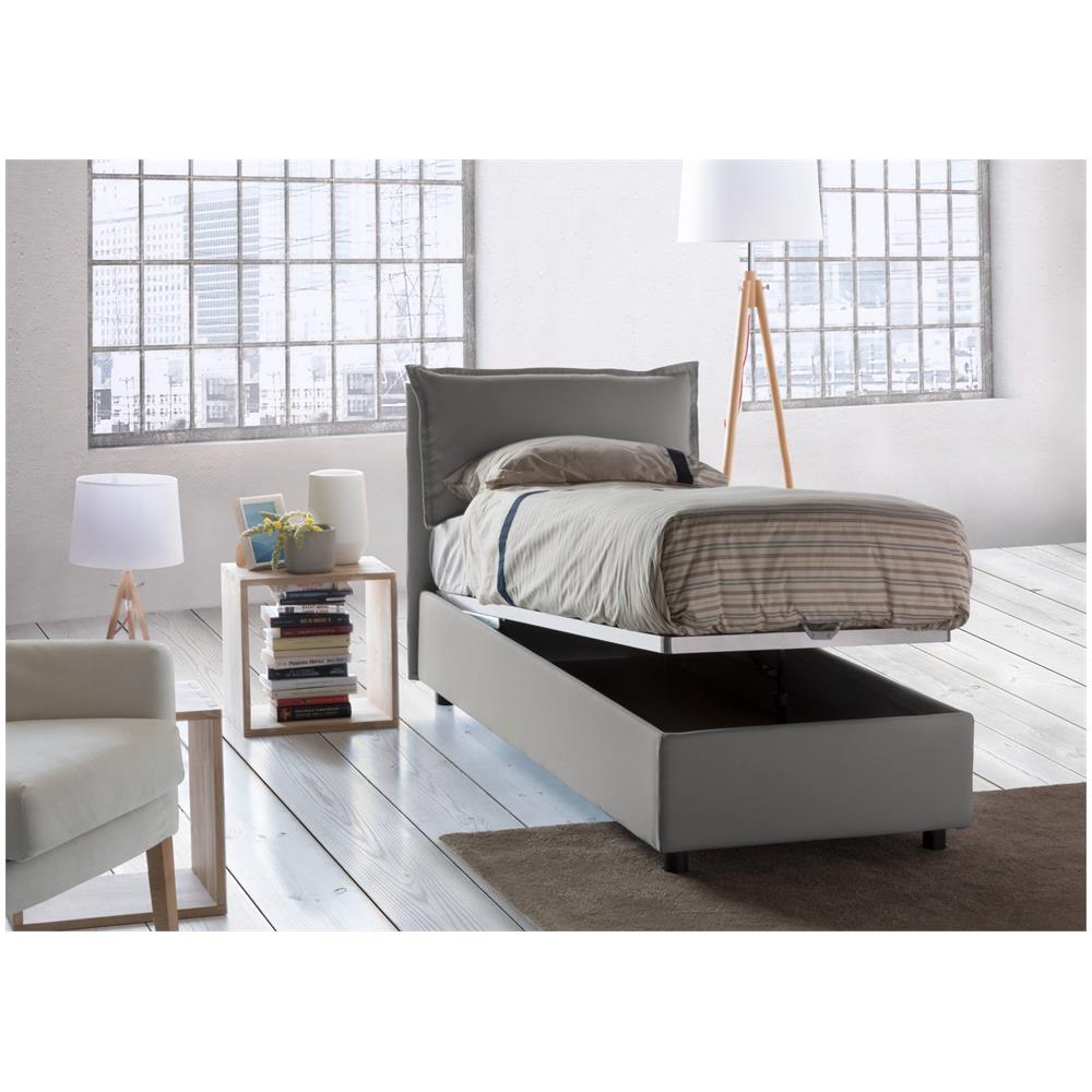 Letto Singolo Carolina, Letto Contenitore Con Rivestimento In Tessuto, 100% Made In Italy, Apertura Frontale, Con Materasso Cm 80x190 Incluso, Grigio - Foto 2