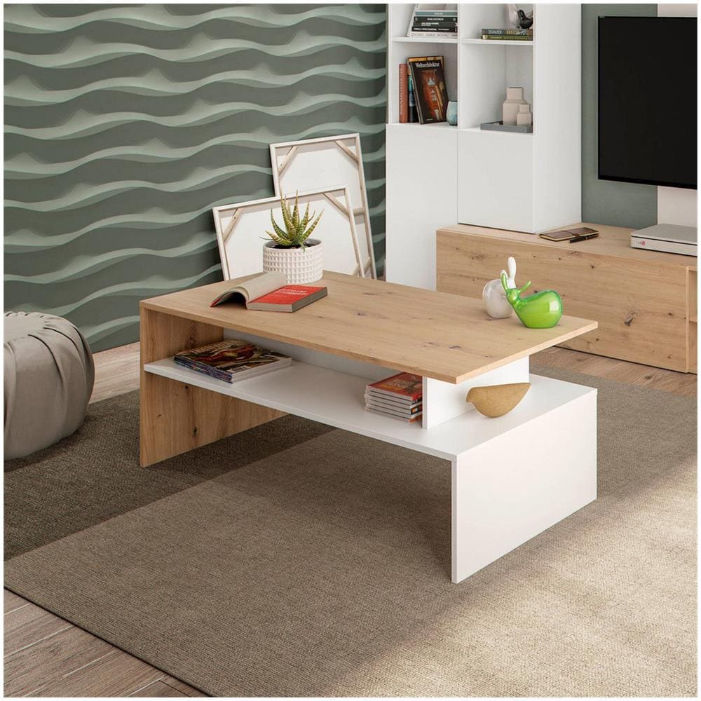 Tavolino Da Salotto Vail, Tavolino Soggiorno, Tavolino Da Caffè, Tavolo Basso, 100x50h43 Cm, Rovere Nodi E Bianco Lucido - Foto 1