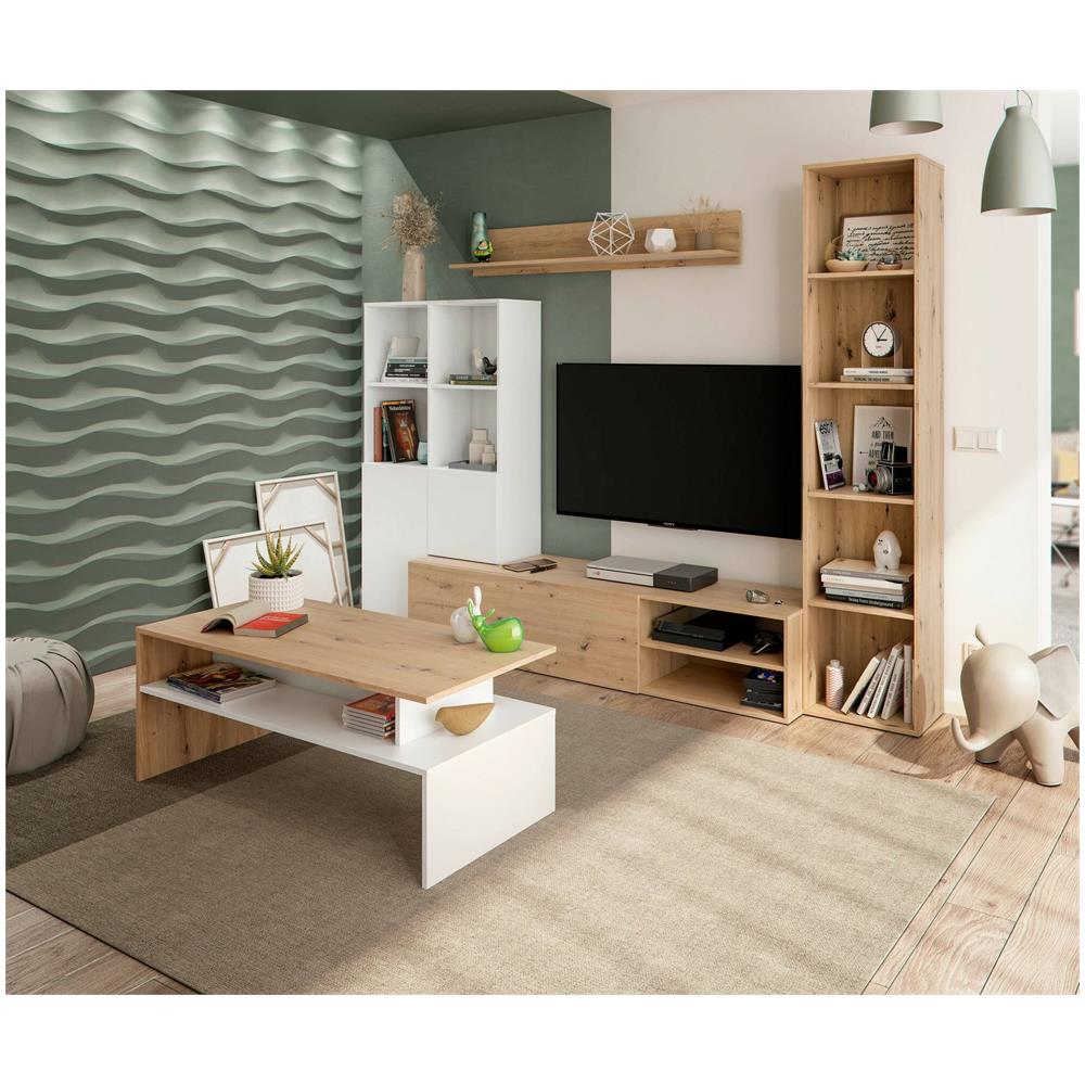 Tavolino Da Salotto Vail, Tavolino Soggiorno, Tavolino Da Caffè, Tavolo Basso, 100x50h43 Cm, Rovere Nodi E Bianco Lucido - Foto 4