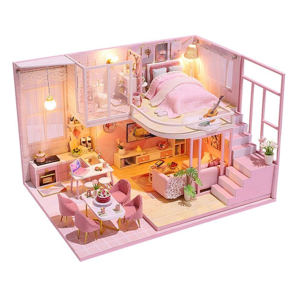 CUTEBEE Casa Delle Bambole In Miniatura Fai Da Te – Kit In Legno Con Luci E Mobili (1:24)
