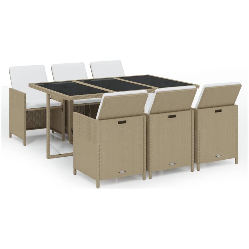Set Da Pranzo Per Giardino 7pz Con Cuscini In Polyrattan Beige - Foto 1
