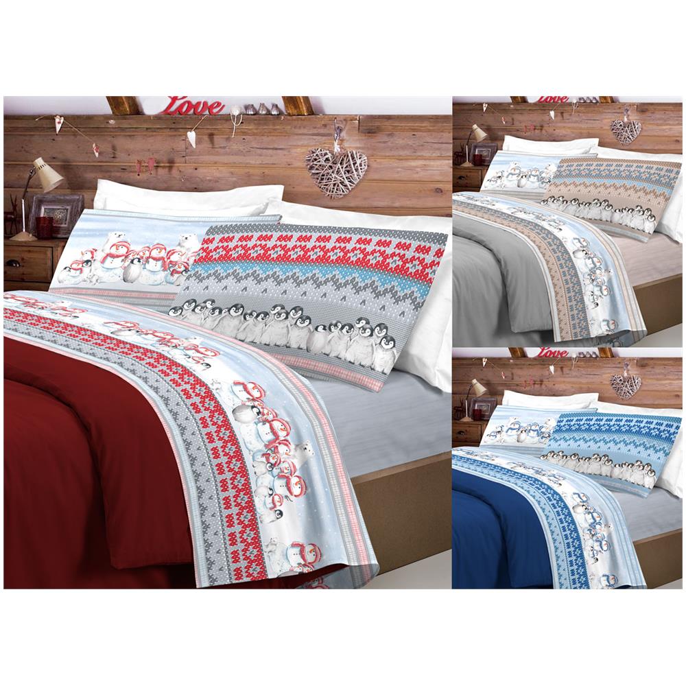 Completo Lenzuola Flanella Pensieri Delicati 100% Cotone Disegno Inverno Polare Piazza E Mezza Beige - Foto 2