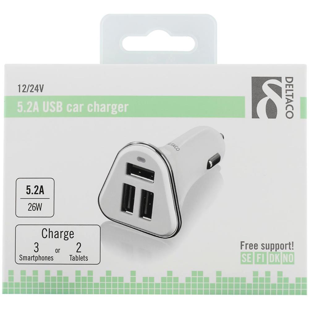 Caricabatteria Per Auto Deltaco, 5,2 A, 3x Usb Tipo A, Ingresso 12-24 V Cc, Bianco / Argento - Foto 2