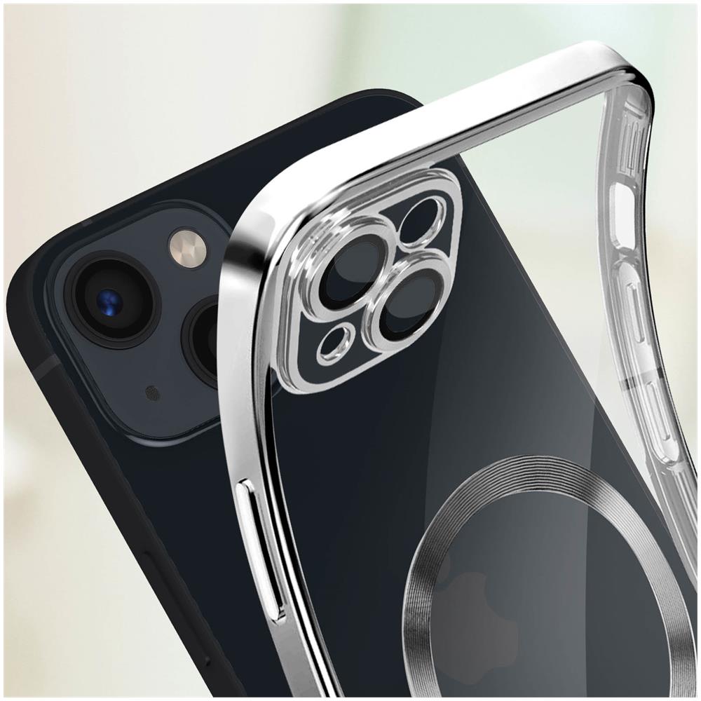 Cover Magsafe Per Iphone 14 Silicone Protezione Fotocamera Bordo Cromato Argento - Foto 2