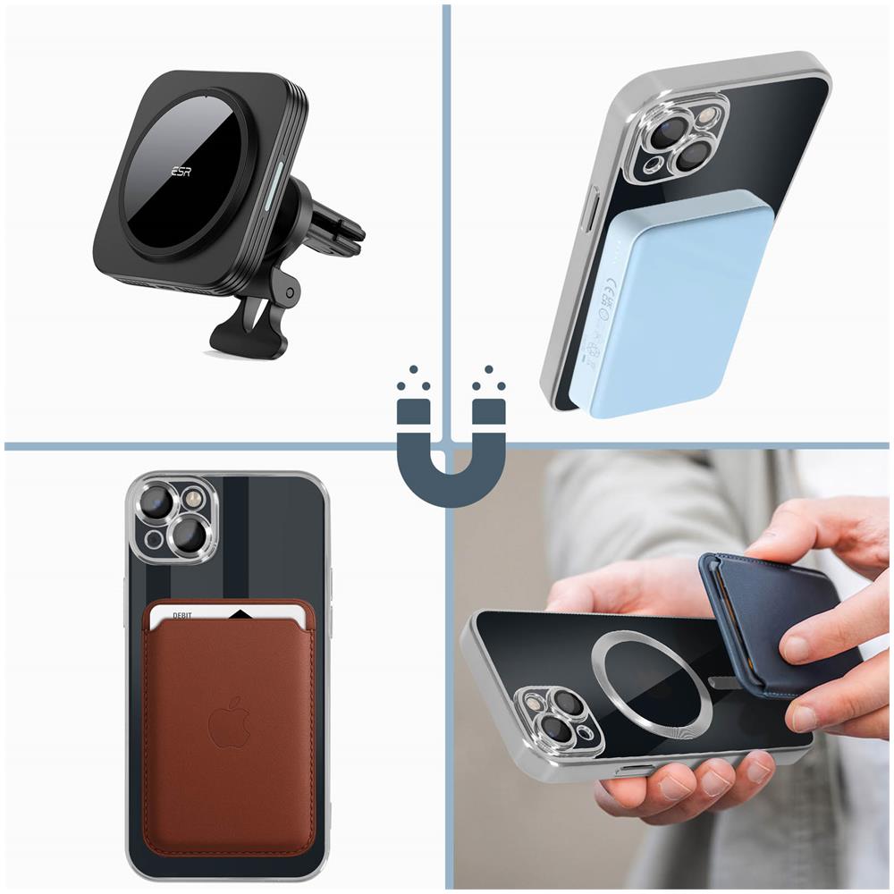 Cover Magsafe Per Iphone 14 Silicone Protezione Fotocamera Bordo Cromato Argento - Foto 5