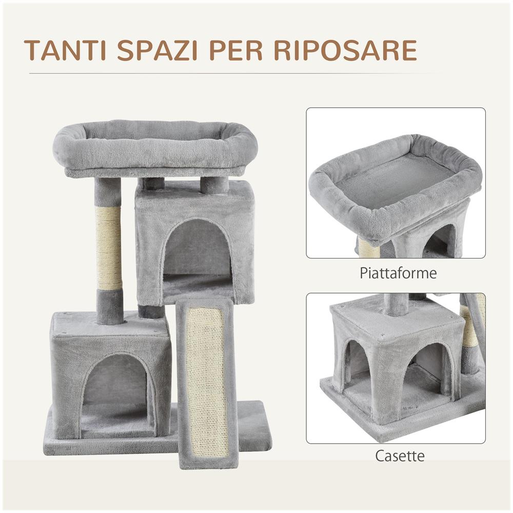 Albero Tiragraffi Per Gatti PawHut - Con 2 Casetto, Lettino E Sisal, 59x39x83cm, Grigio Chiaro - Foto 4