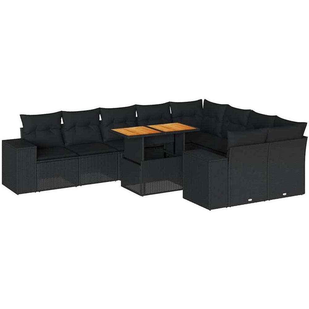 Set Divani Giardino 10pz con Cuscini Nero in Polyrattan Acacia - Foto 1