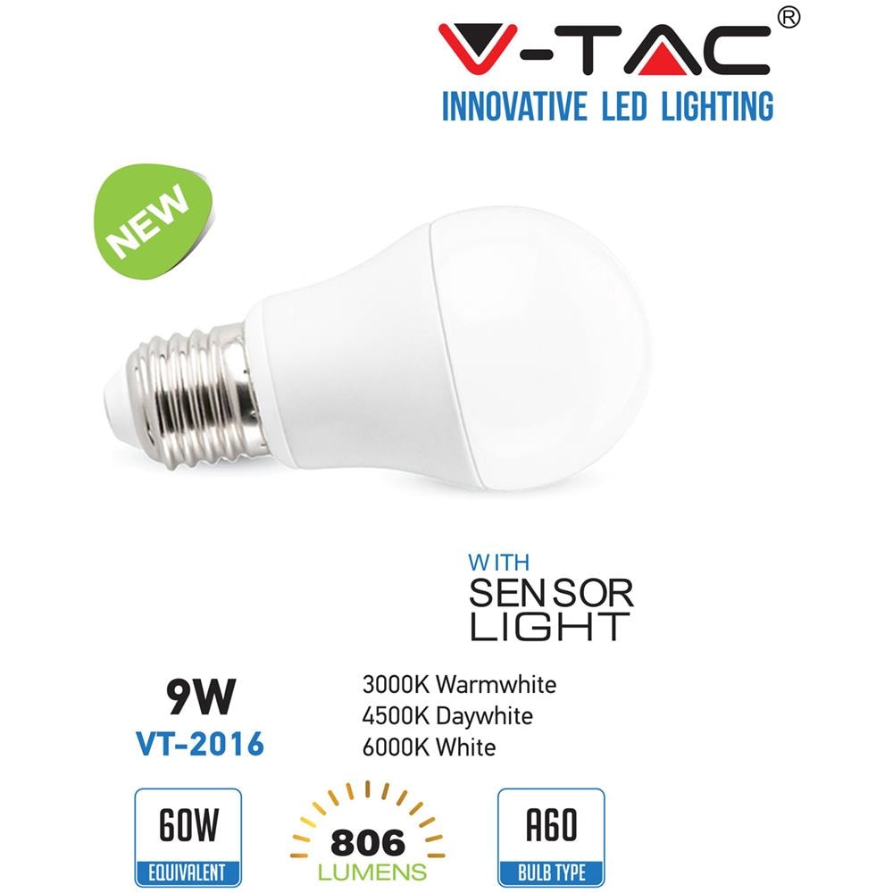 Lampadine Led E27 9w A60 Smd Con Sensore Crepuscolare Vt-2016 4459/4460/4461 - Foto 1