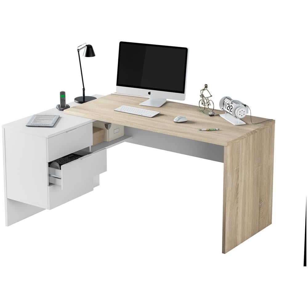 Scrivania Angolare Da Ufficio Con Cassettiera A Tre Cassetti, Colore Rovere E Bianco Artik, Misure 145 X 73 X 108 Cm - Foto 1