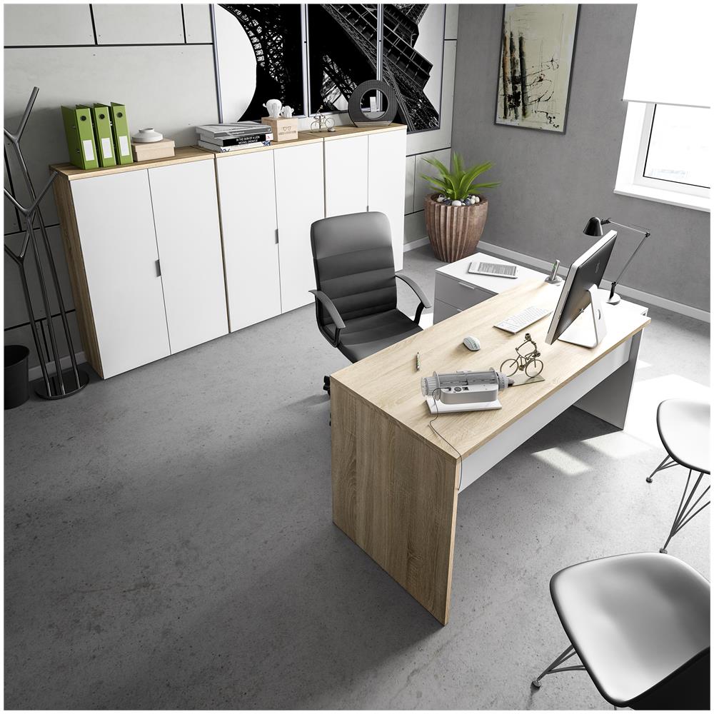 Scrivania Angolare Da Ufficio Con Cassettiera A Tre Cassetti, Colore Rovere E Bianco Artik, Misure 145 X 73 X 108 Cm - Foto 2
