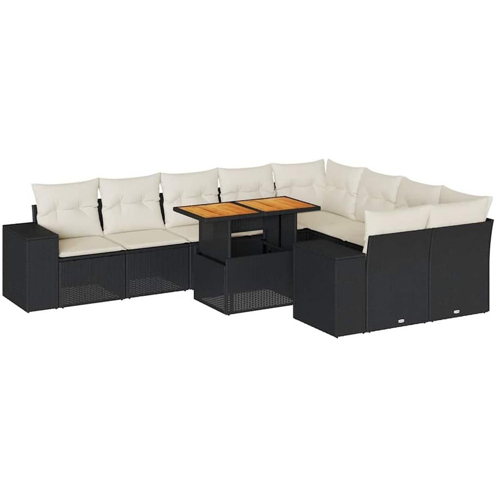 Set Divani Giardino 10pz con Cuscini Nero in Polyrattan Acacia - Foto 1