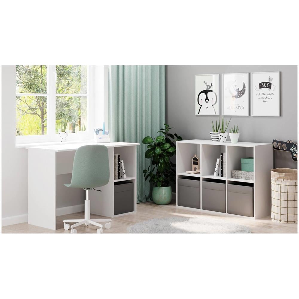 Scrivania Lineare Per Ufficio E Studio Con Scaffale, Made In Italy Tavolo Minimal Scrittoio Porta Pc Cm 110x50h75 Colore Bianco Lucido E Acero 83677775