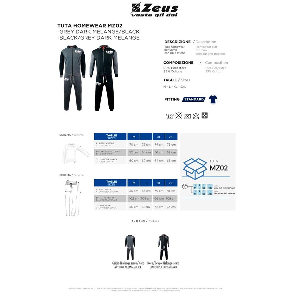 Tuta Uomo Zeus Sport Cotone Felpato Art. Mz02 : Grigio Melange Scuro \ Nero Tg L - Foto 2