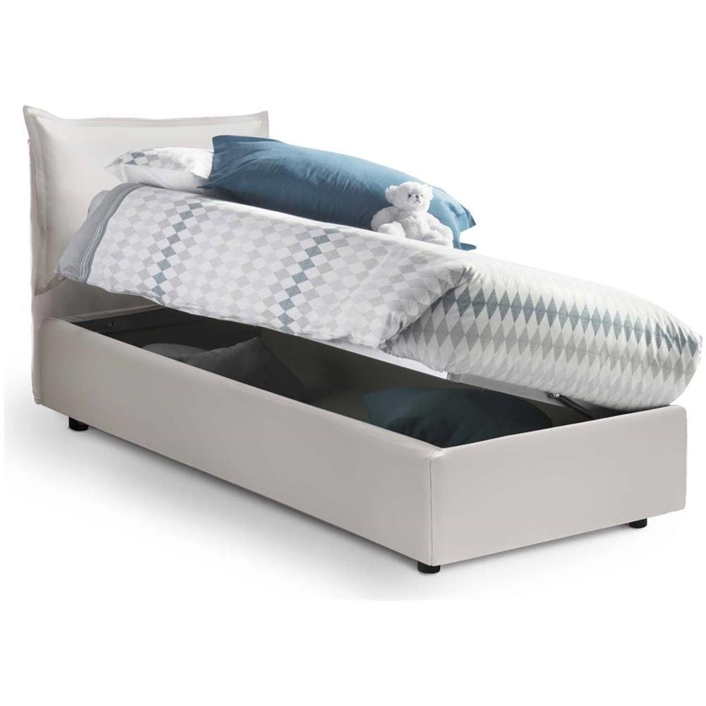 Letto Singolo Marianna, Letto Contenitore Con Rivestimento In Ecopelle, 100% Made In Italy, Apertura Laterale, Con Materasso Cm 80x190 Incluso, Bianco - Foto 2