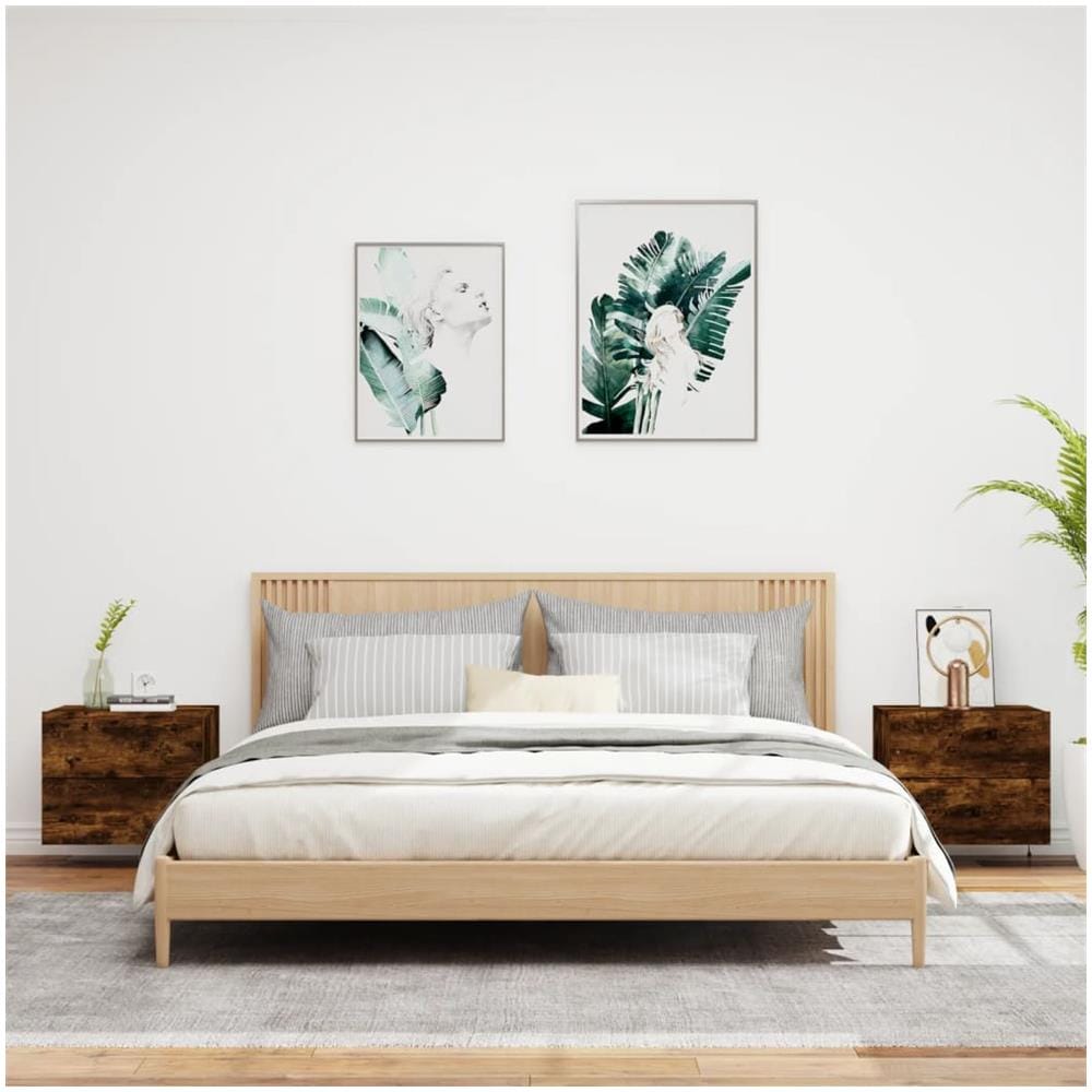 Comodini A Parete Con Luci Led 2 Pz Rovere Fumo - Foto 3