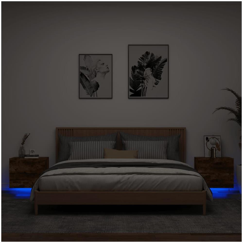 Comodini A Parete Con Luci Led 2 Pz Rovere Fumo - Foto 1