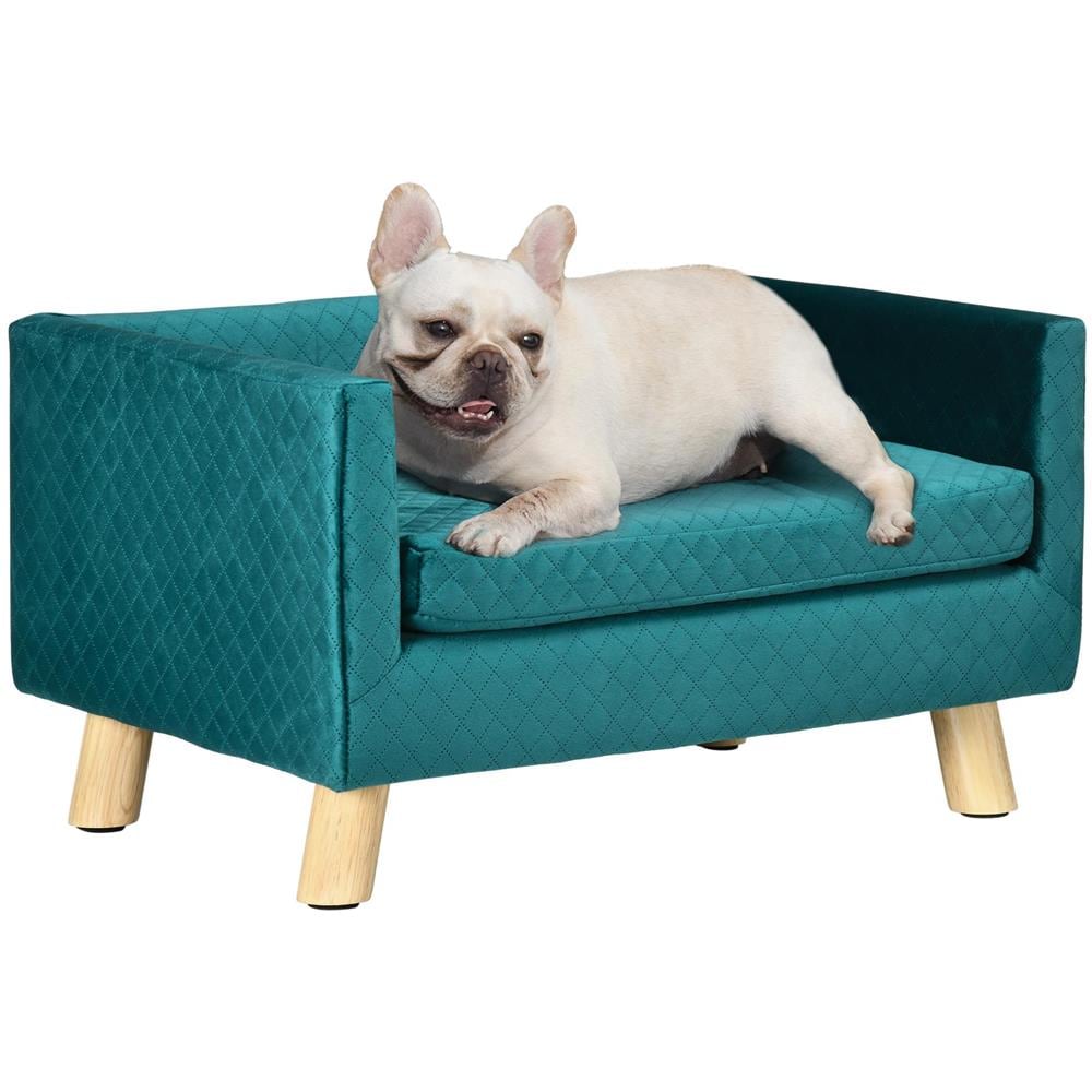 Divanetto per Cani e Gatti Stile Scandinavo con Cuscino Imbottito in Velluto e Legno, 64x45x36cm, Blu - Foto 1