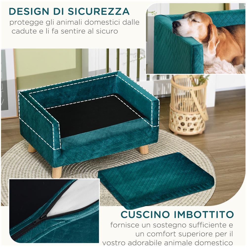 Divanetto per Cani e Gatti Stile Scandinavo con Cuscino Imbottito in Velluto e Legno, 64x45x36cm, Blu - Foto 6