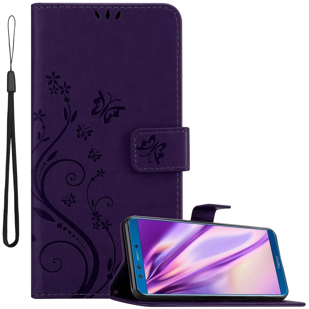 Custodia Compatibile Con Honor 9 Lite In Lilla Scuro Fiore - Coperchio Protettivo In Design Floreale Con Chiusura Magnetica, Funzione Stand E Slot Per Carte - Foto 1